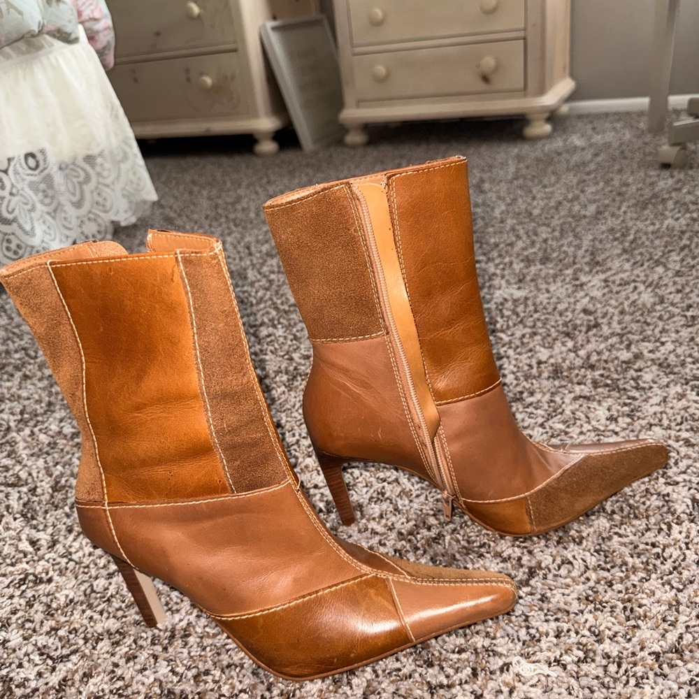 Steve Madden Cognac Leather & Suede Pointed-Toe Mid-Calf Heeled Boots